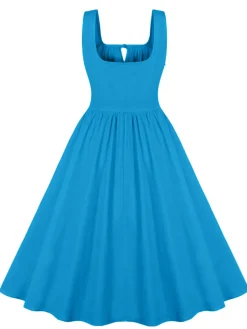 Online Retro Stage 1950s Solid Wide Strap Dress