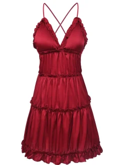 New Retro Stage 1950s Solid Wrinkle Spaghetti Straps Nightgown