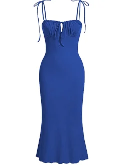 Best Retro Stage 1930s Solid Wrinkles Spaghetti Straps Dress