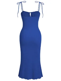 Best Retro Stage 1930s Solid Wrinkles Spaghetti Straps Dress