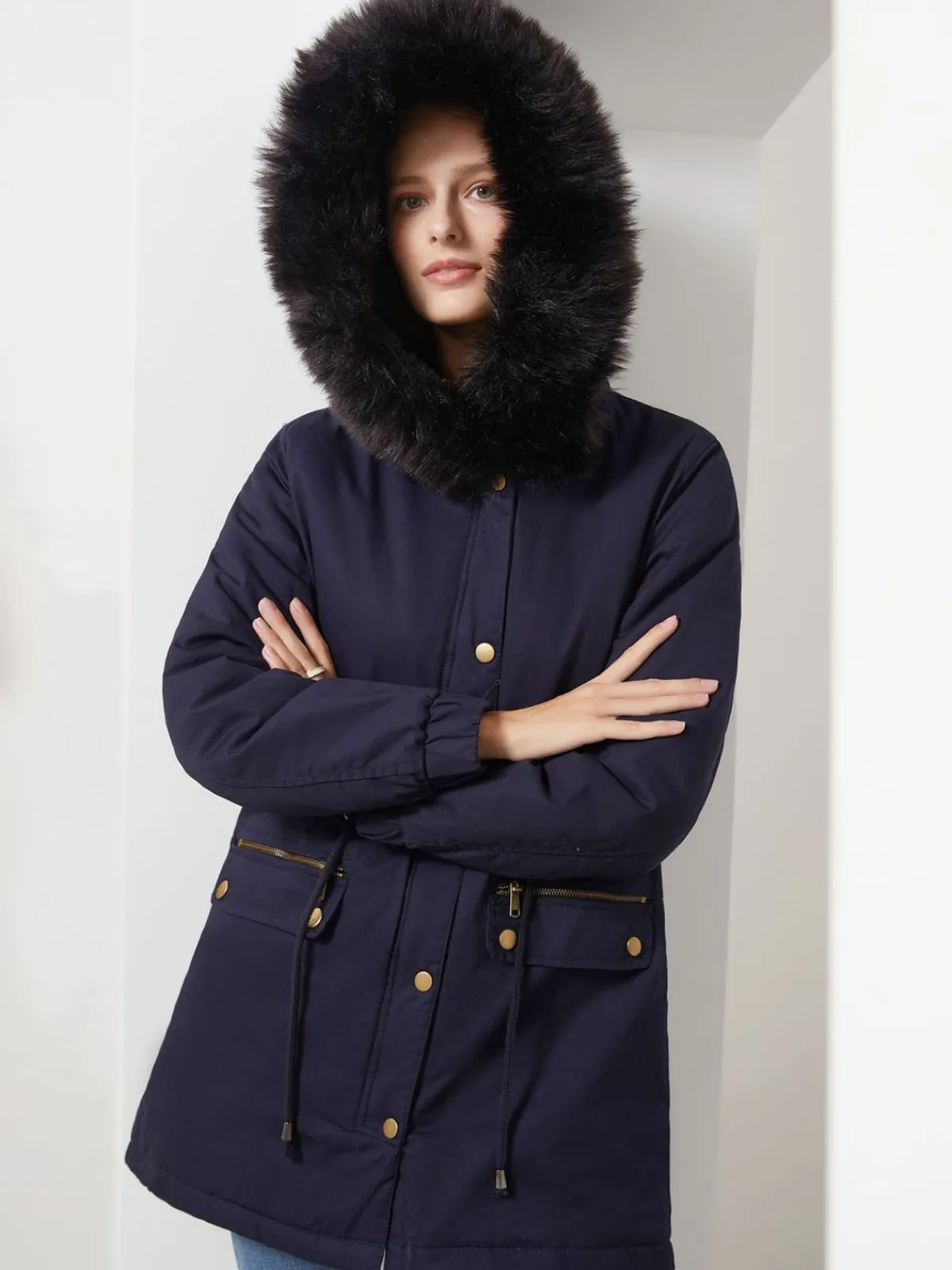Online Retro Stage 1950s Solid Zipper Fur Trimmed Coat