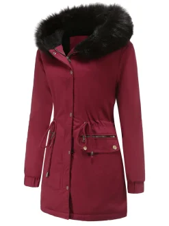 Online Retro Stage 1950s Solid Zipper Fur Trimmed Coat