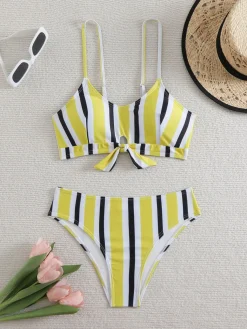 Discount Retro Stage 1940s Spaghetti Strap Bow Contrast Stripes Bikini