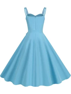 Fashion Retro Stage 1950s Spaghetti Strap Bow Decor Solid Dress