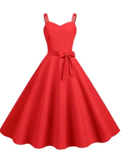 Fashion Retro Stage 1950s Spaghetti Strap Bow Decor Solid Dress