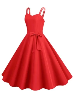 Fashion Retro Stage 1950s Spaghetti Strap Bow Decor Solid Dress