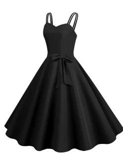 Fashion Retro Stage 1950s Spaghetti Strap Bow Decor Solid Dress