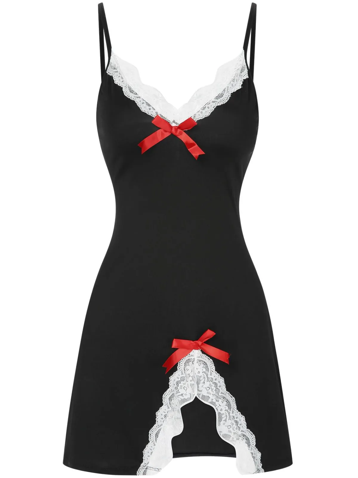Sale Retro Stage 1970s Spaghetti Strap Bow Lace Patchwork Nightgown
