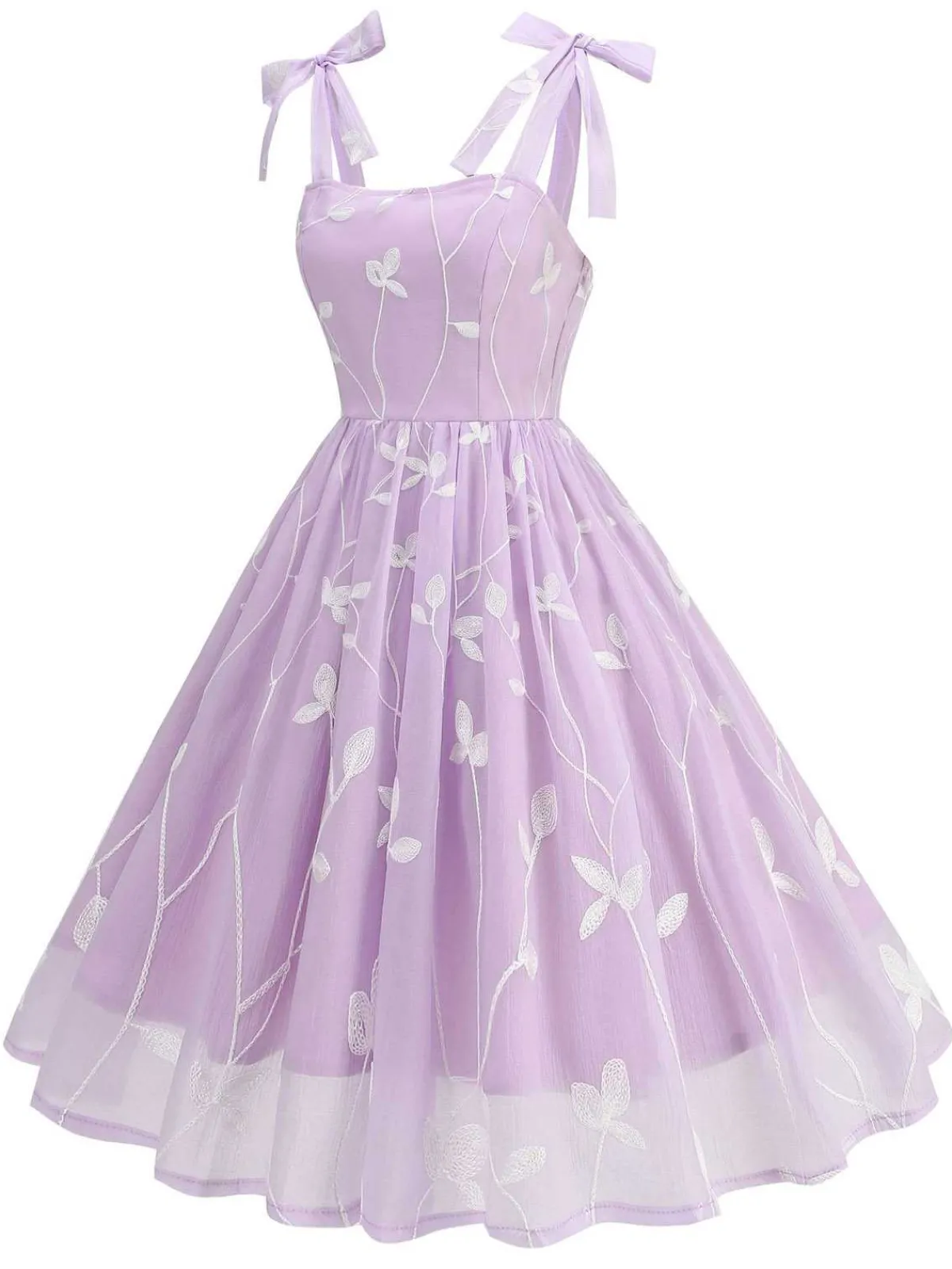 Fashion Retro Stage 1950s Spaghetti Strap Bow Leaves Mesh Dress