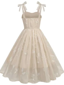 Fashion Retro Stage 1950s Spaghetti Strap Bow Leaves Mesh Dress