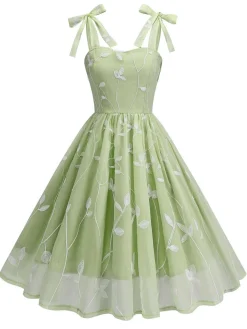 Fashion Retro Stage 1950s Spaghetti Strap Bow Leaves Mesh Dress