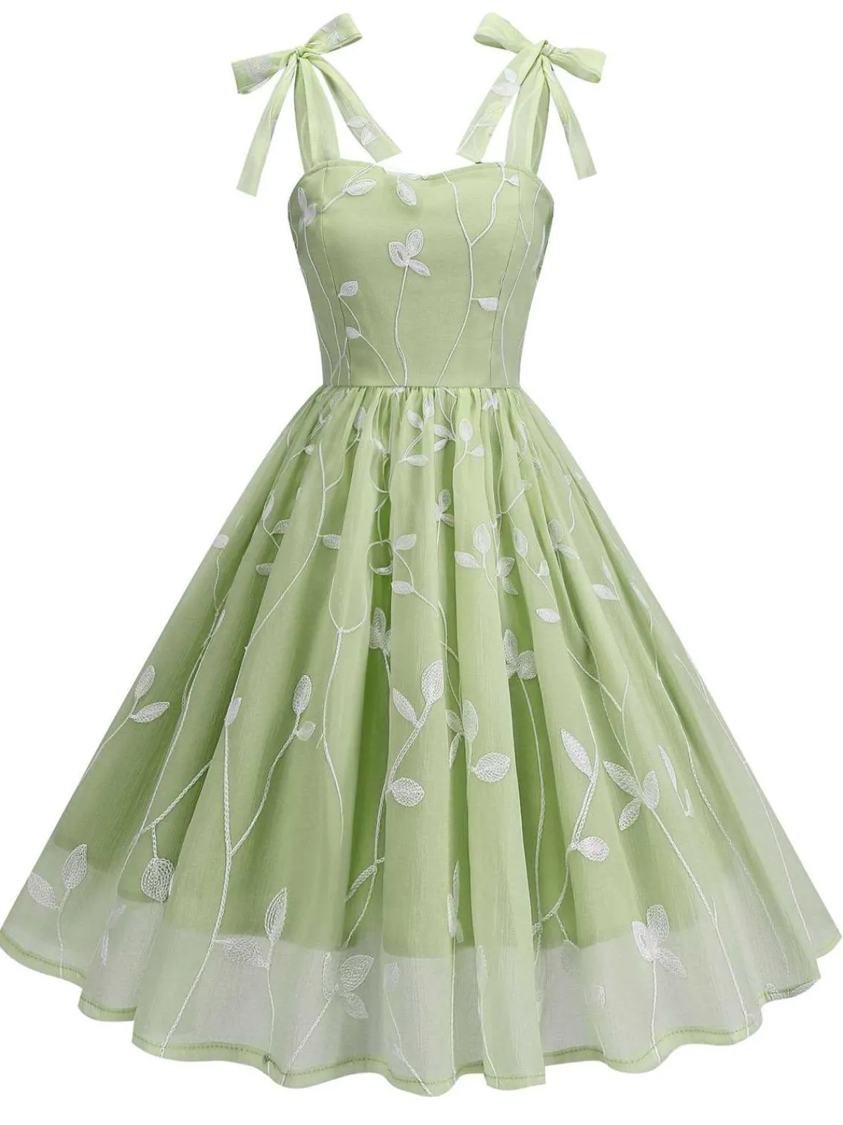 Fashion Retro Stage 1950s Spaghetti Strap Bow Leaves Mesh Dress