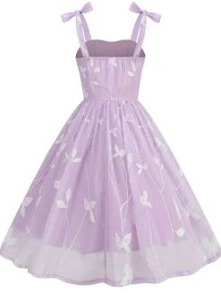 Fashion Retro Stage 1950s Spaghetti Strap Bow Leaves Mesh Dress