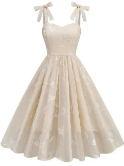Fashion Retro Stage 1950s Spaghetti Strap Bow Leaves Mesh Dress