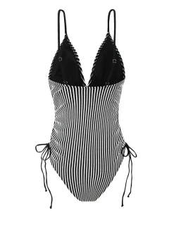 Clearance Retro Stage 1960s Spaghetti Strap Contrast Stripes One-Piece Swimsuit Black
