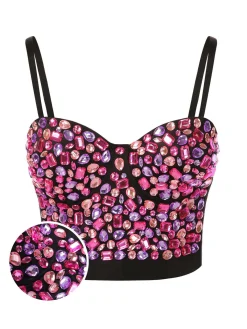 Fashion Retro Stage 1970s Spaghetti Strap 3D Rhinestone Embellished Crop Top Pink