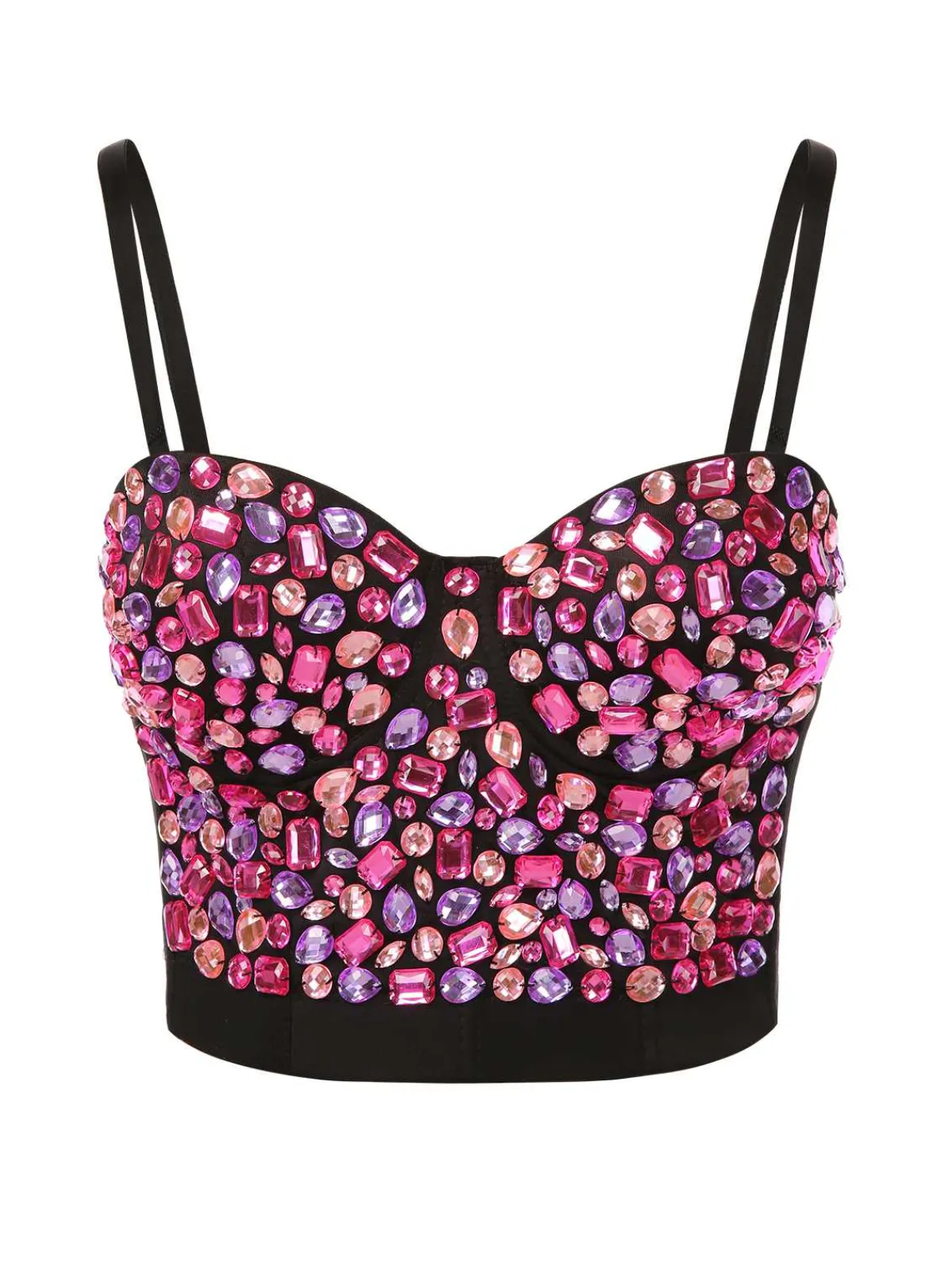 Fashion Retro Stage 1970s Spaghetti Strap 3D Rhinestone Embellished Crop Top Pink