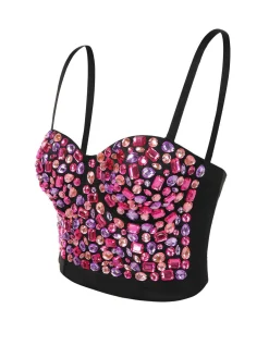 Fashion Retro Stage 1970s Spaghetti Strap 3D Rhinestone Embellished Crop Top Pink