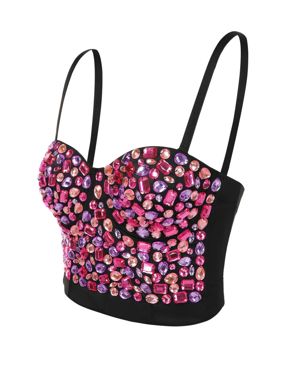 Fashion Retro Stage 1970s Spaghetti Strap 3D Rhinestone Embellished Crop Top Pink