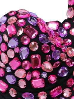 Fashion Retro Stage 1970s Spaghetti Strap 3D Rhinestone Embellished Crop Top Pink