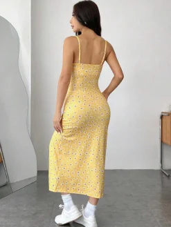 New Retro Stage 1930s Spaghetti Strap Daisy Slit Dress