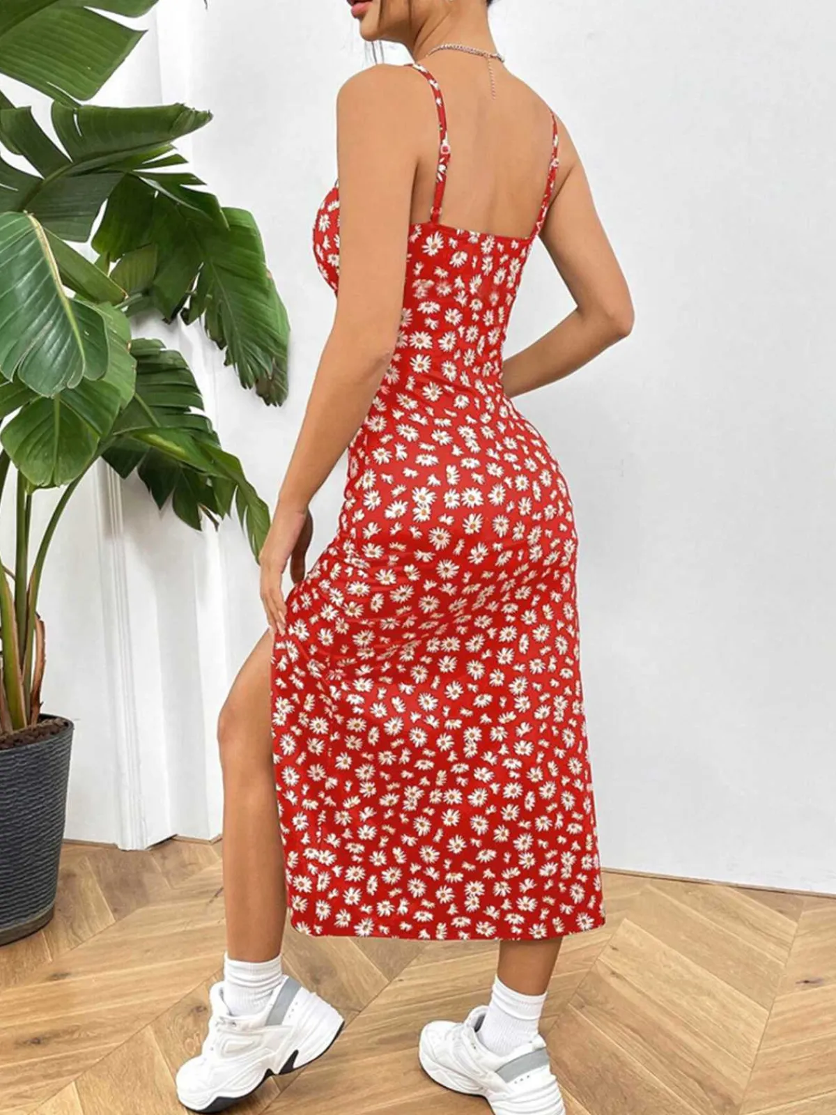 New Retro Stage 1930s Spaghetti Strap Daisy Slit Dress