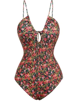 Hot Retro Stage 1930s Spaghetti Strap Ditsy Floral One-Piece Swimsuit Multicolor