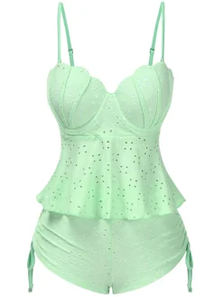 Fashion Retro Stage 1940s Spaghetti Strap Eyelet Shell Tankini Set