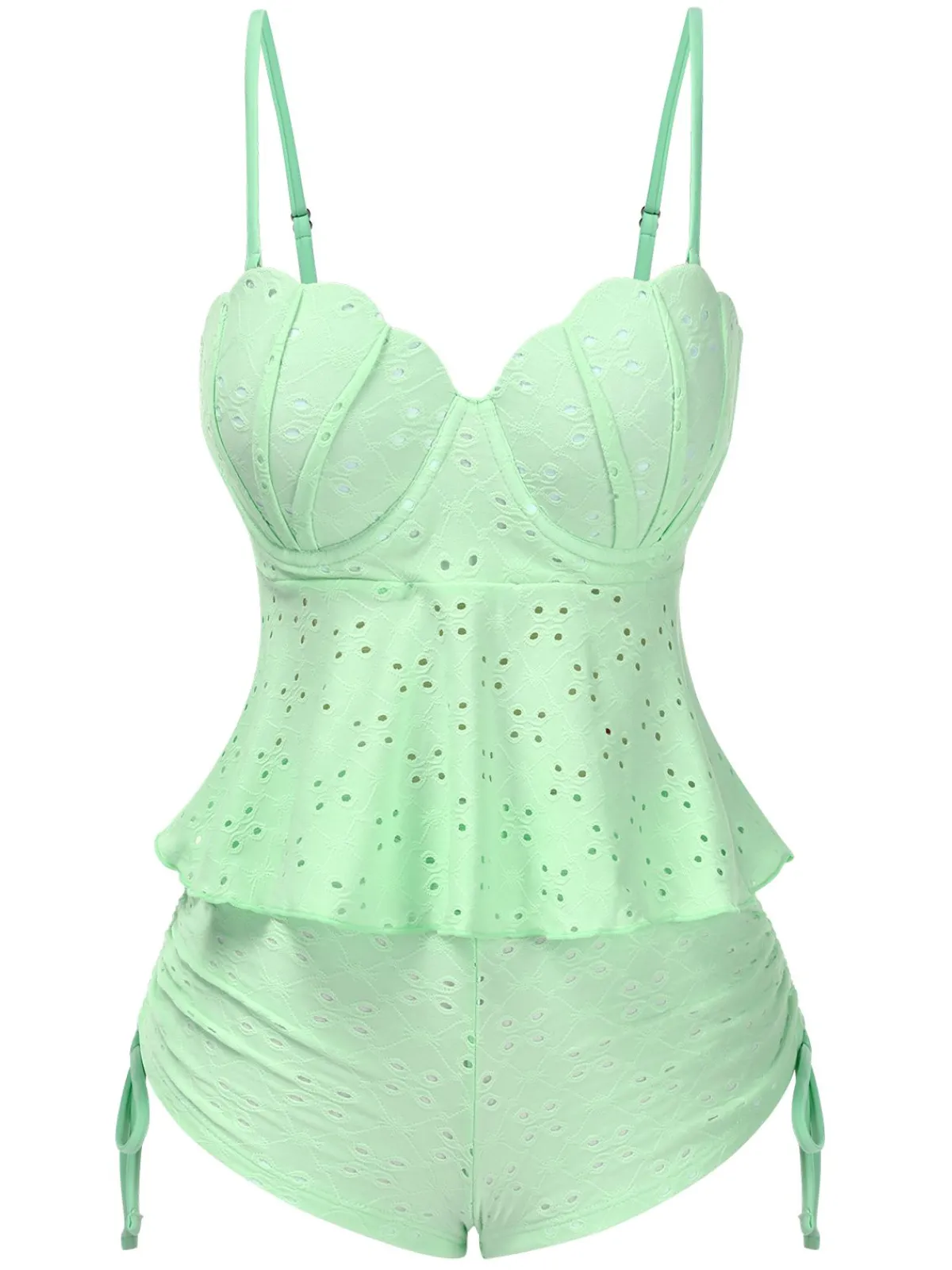 Fashion Retro Stage 1940s Spaghetti Strap Eyelet Shell Tankini Set