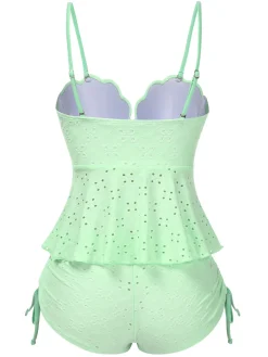 Fashion Retro Stage 1940s Spaghetti Strap Eyelet Shell Tankini Set