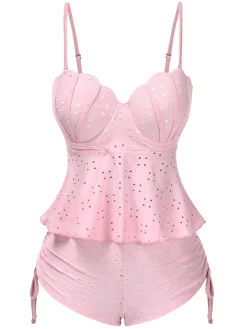 Fashion Retro Stage 1940s Spaghetti Strap Eyelet Shell Tankini Set