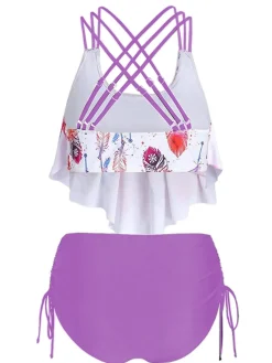 Discount Retro Stage 1950s Spaghetti Strap Feather Tankini Set