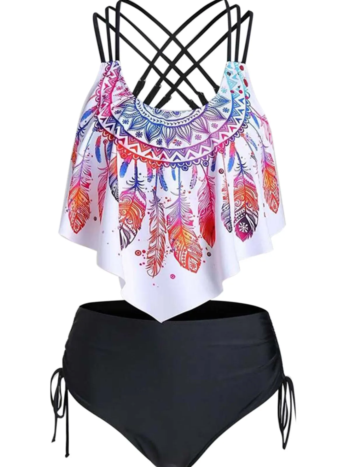 Discount Retro Stage 1950s Spaghetti Strap Feather Tankini Set
