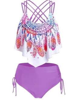 Hot Retro Stage 1950s Spaghetti Strap Feather Tankini Set