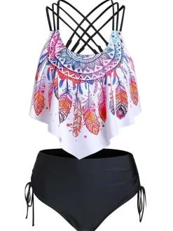 Hot Retro Stage 1950s Spaghetti Strap Feather Tankini Set