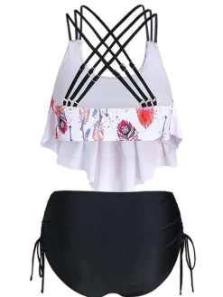 Hot Retro Stage 1950s Spaghetti Strap Feather Tankini Set