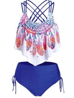 Hot Retro Stage 1950s Spaghetti Strap Feather Tankini Set