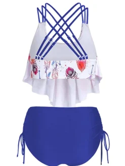 New Retro Stage 1950s Spaghetti Strap Feather Tankini Set