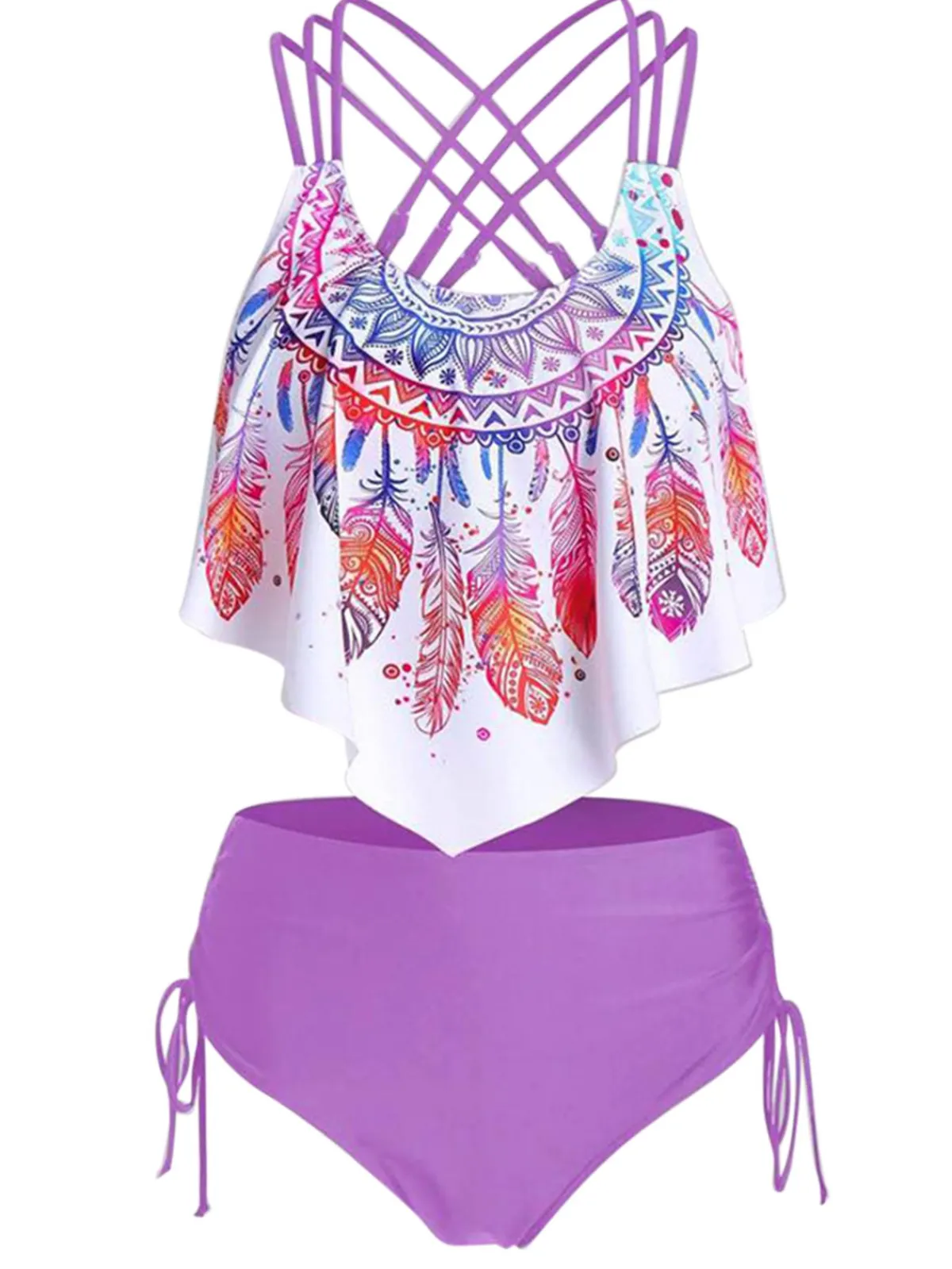 New Retro Stage 1950s Spaghetti Strap Feather Tankini Set