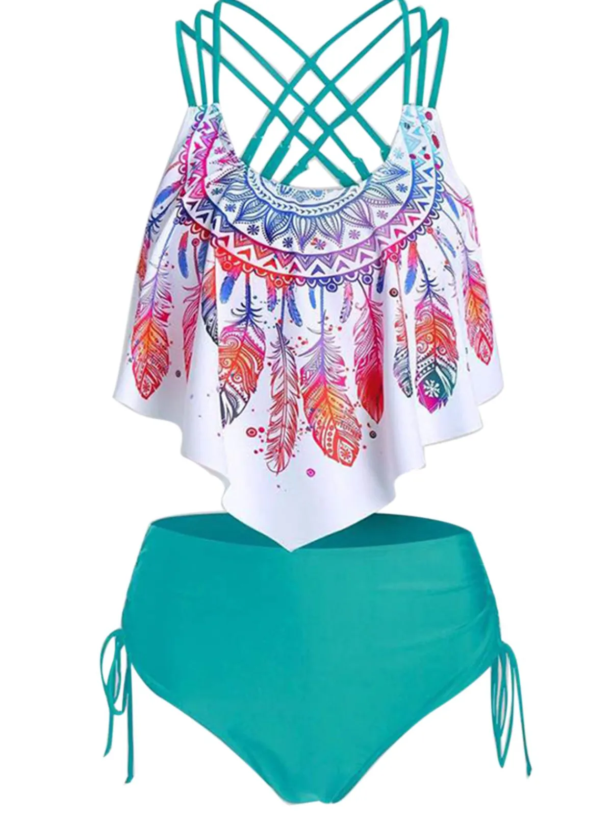 New Retro Stage 1950s Spaghetti Strap Feather Tankini Set