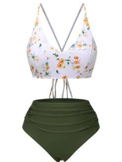Sale Retro Stage 1950s Spaghetti Strap Floral Swimsuit Army Green