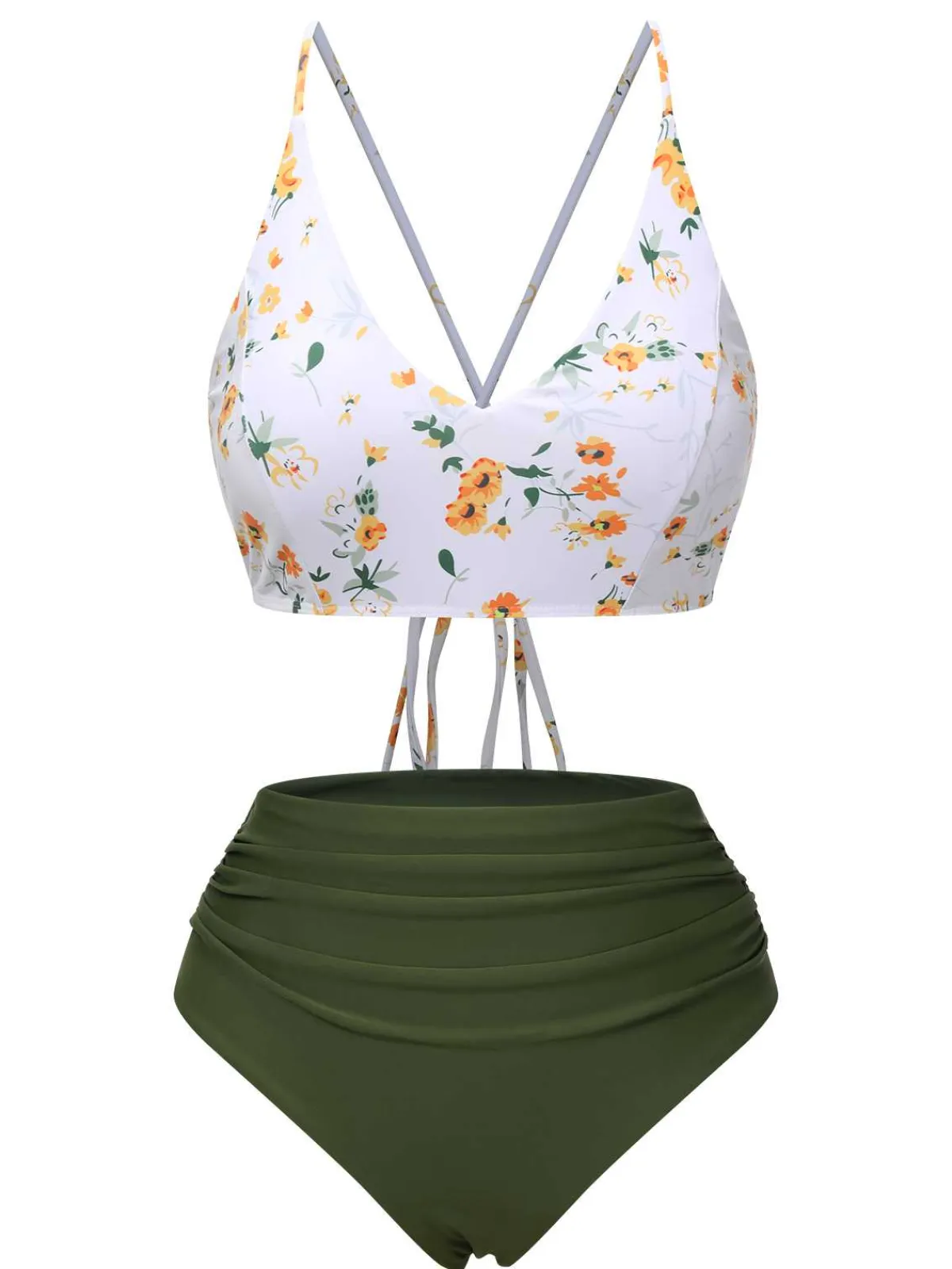 Sale Retro Stage 1950s Spaghetti Strap Floral Swimsuit Army Green
