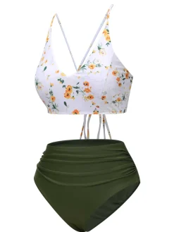 Sale Retro Stage 1950s Spaghetti Strap Floral Swimsuit Army Green
