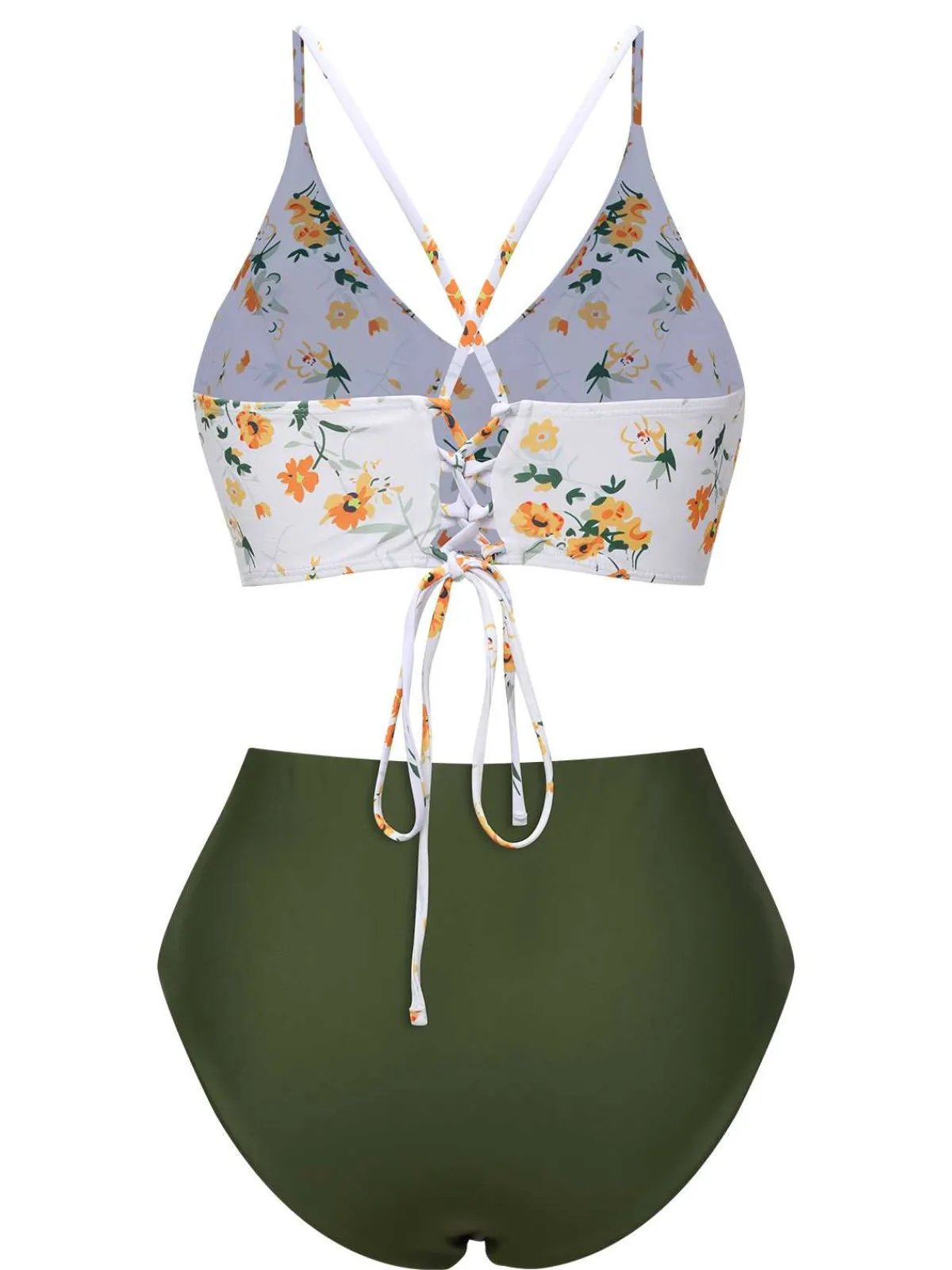 Sale Retro Stage 1950s Spaghetti Strap Floral Swimsuit Army Green