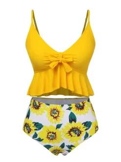 Sale Retro Stage 1960s Spaghetti Strap Floral Ruffles Swimsuit Yellow