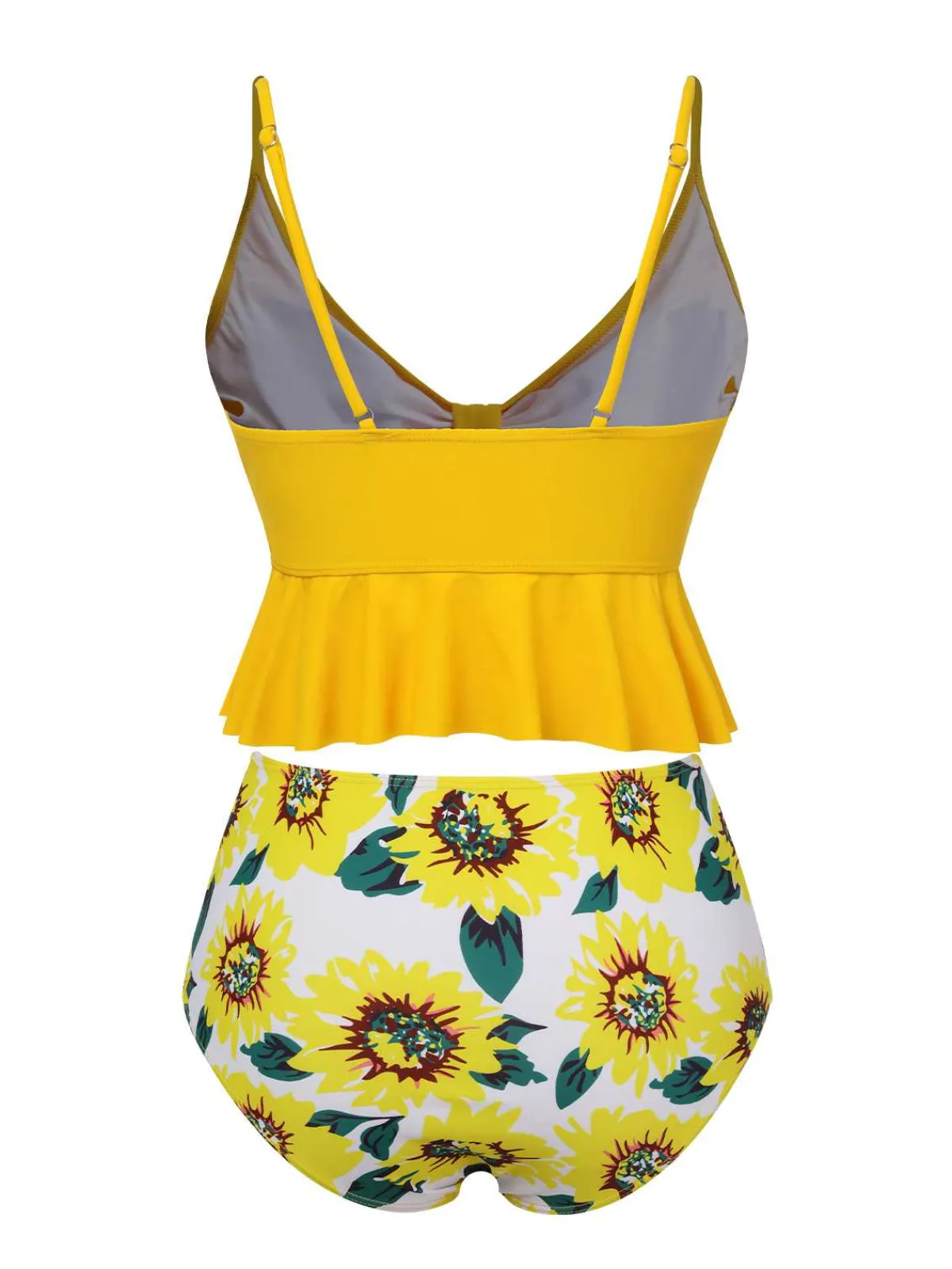 Sale Retro Stage 1960s Spaghetti Strap Floral Ruffles Swimsuit Yellow