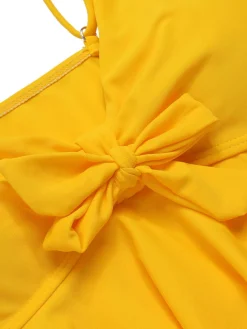 Sale Retro Stage 1960s Spaghetti Strap Floral Ruffles Swimsuit Yellow