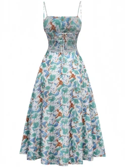 Outlet Retro Stage 1950s Spaghetti Strap Floral Backless Side Slit Dress Green