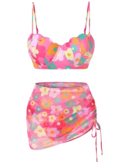 Fashion Retro Stage 1960s Spaghetti Strap Floral Shell Bikini Set & Cover-up Pink