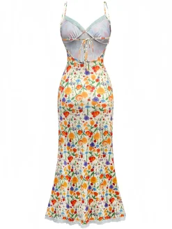 Outlet Retro Stage 1930s Spaghetti Strap Floral Lace Backless Dress Multicolor